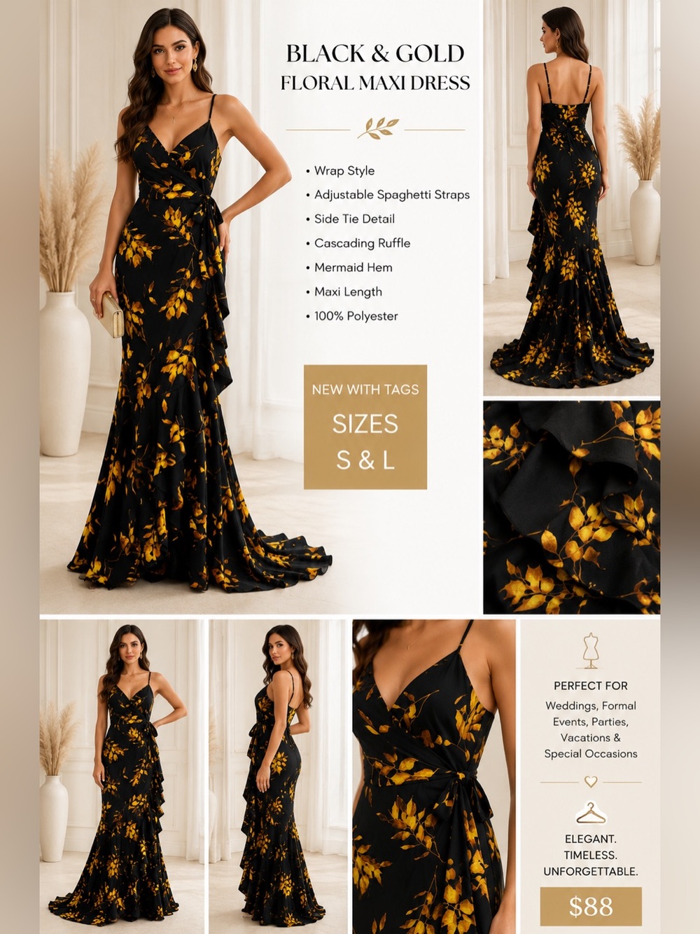 Black & Gold Floral Wrap Maxi Dress with Spaghetti Straps